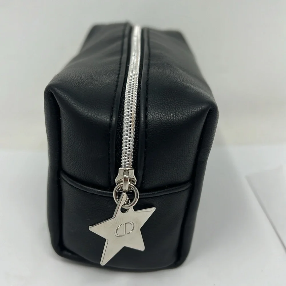 Dior Christian Dior Vegan Black Leather Zip Cosmetic Clutch Pouch